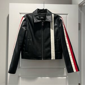 Urban Outfitters Black Fuax Leather Jacket with Red and White Stripes